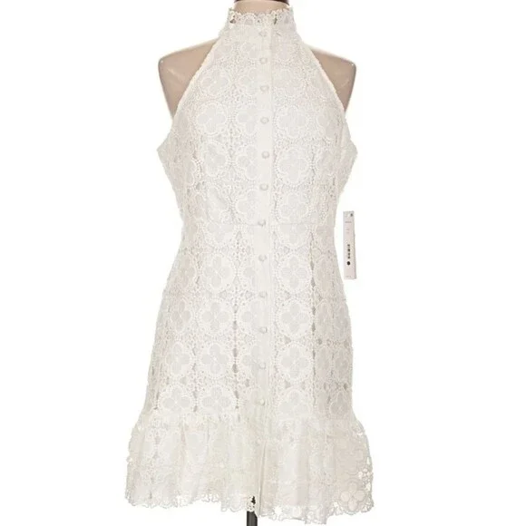 DESIGNER AQUA WHITE LACE HALTER NECKLINE RUFFLE HEM SLEEVELESS DRESS SIZE LARGE - Picture 15 of 16